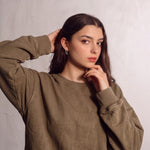 Women's Brown Relaxed Fit Jumper with Side Splits, close-up of the upper body.