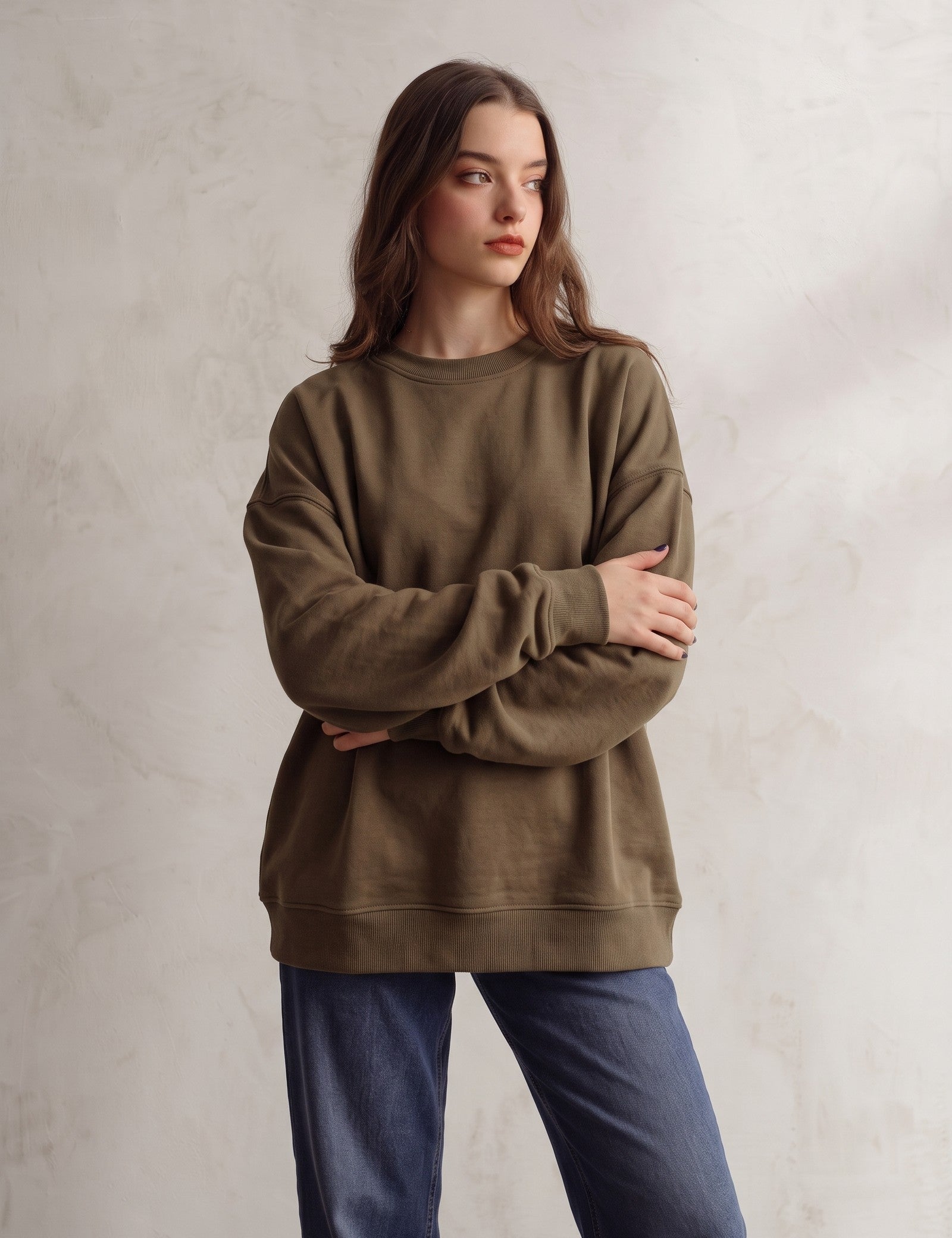 Women's Brown Relaxed Fit Jumper with Side Splits, front view, full length.