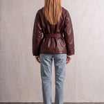 Women's Burgundy Belted Leather-Look Jacket with Lapels, back view, full length.