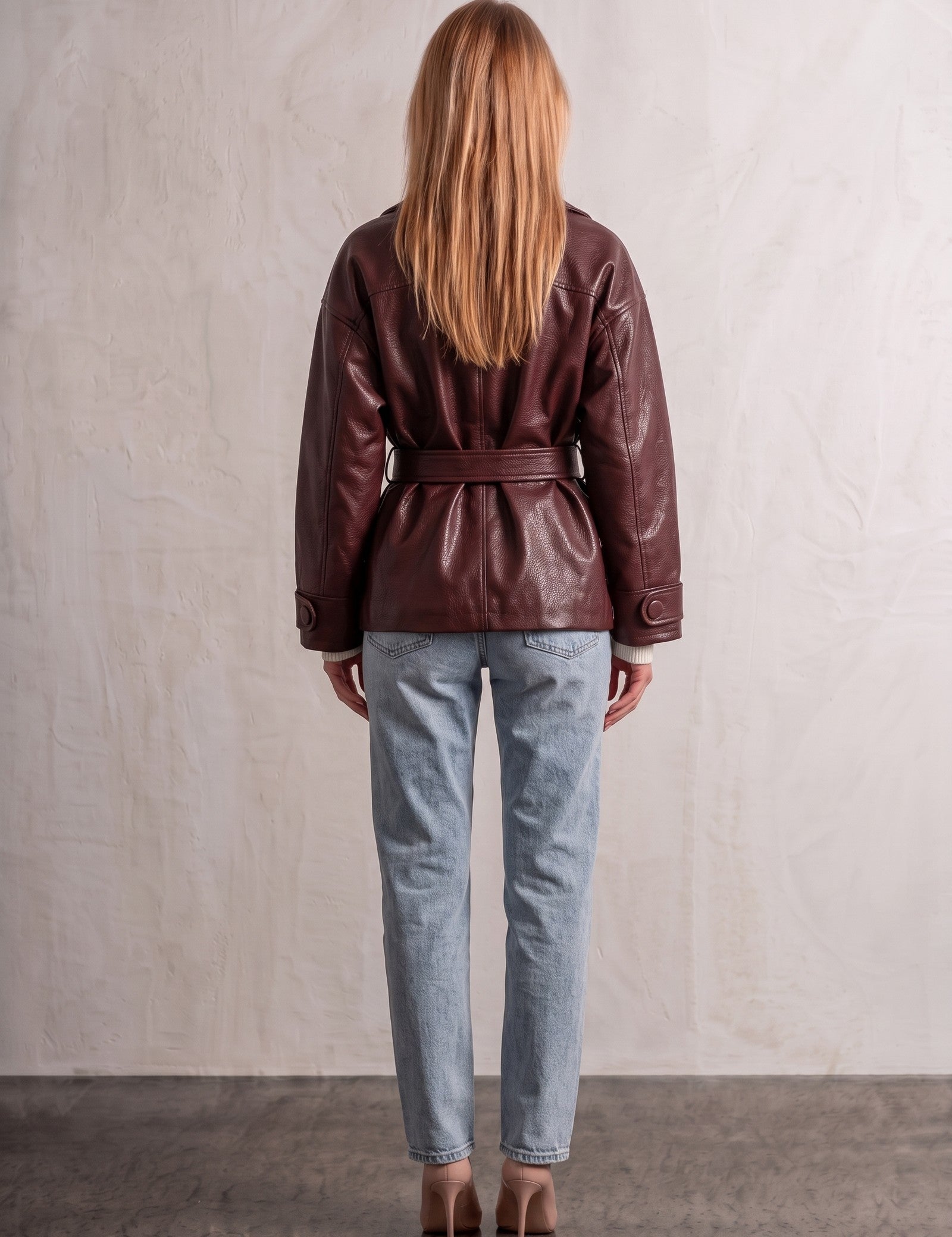 Women's Burgundy Belted Leather-Look Jacket with Lapels, back view, full length.