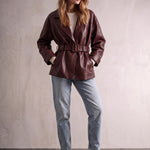 Women's Burgundy Belted Leather-Look Jacket with Lapels, front view, full length.