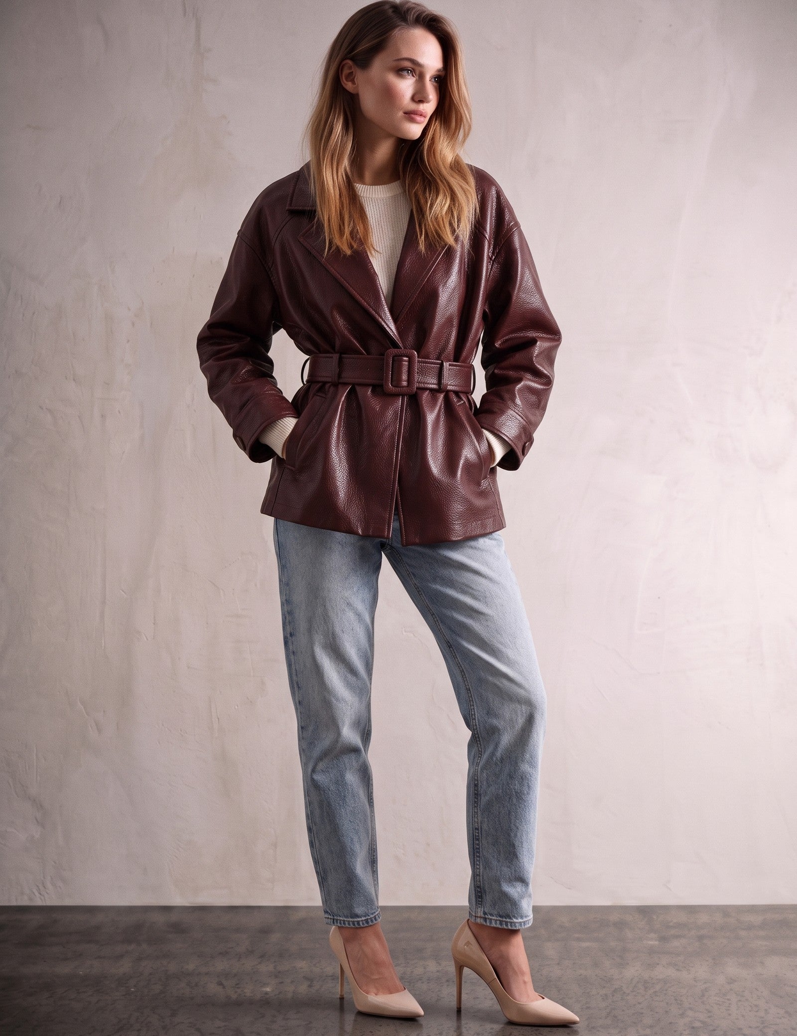 Women's Burgundy Belted Leather-Look Jacket with Lapels, front view, full length.