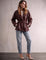 Women's Burgundy Belted Leather-Look Jacket with Lapels, front view, full length.