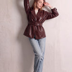 Women's Burgundy Belted Leather-Look Jacket with Lapels, front view, full length.