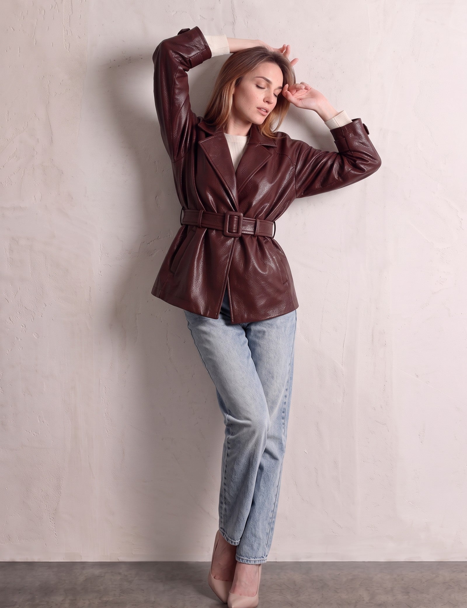 Women's Burgundy Belted Leather-Look Jacket with Lapels, front view, full length.