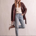 Women's Burgundy Belted Leather-Look Jacket with Lapels, three-quarter view from the left, full length.