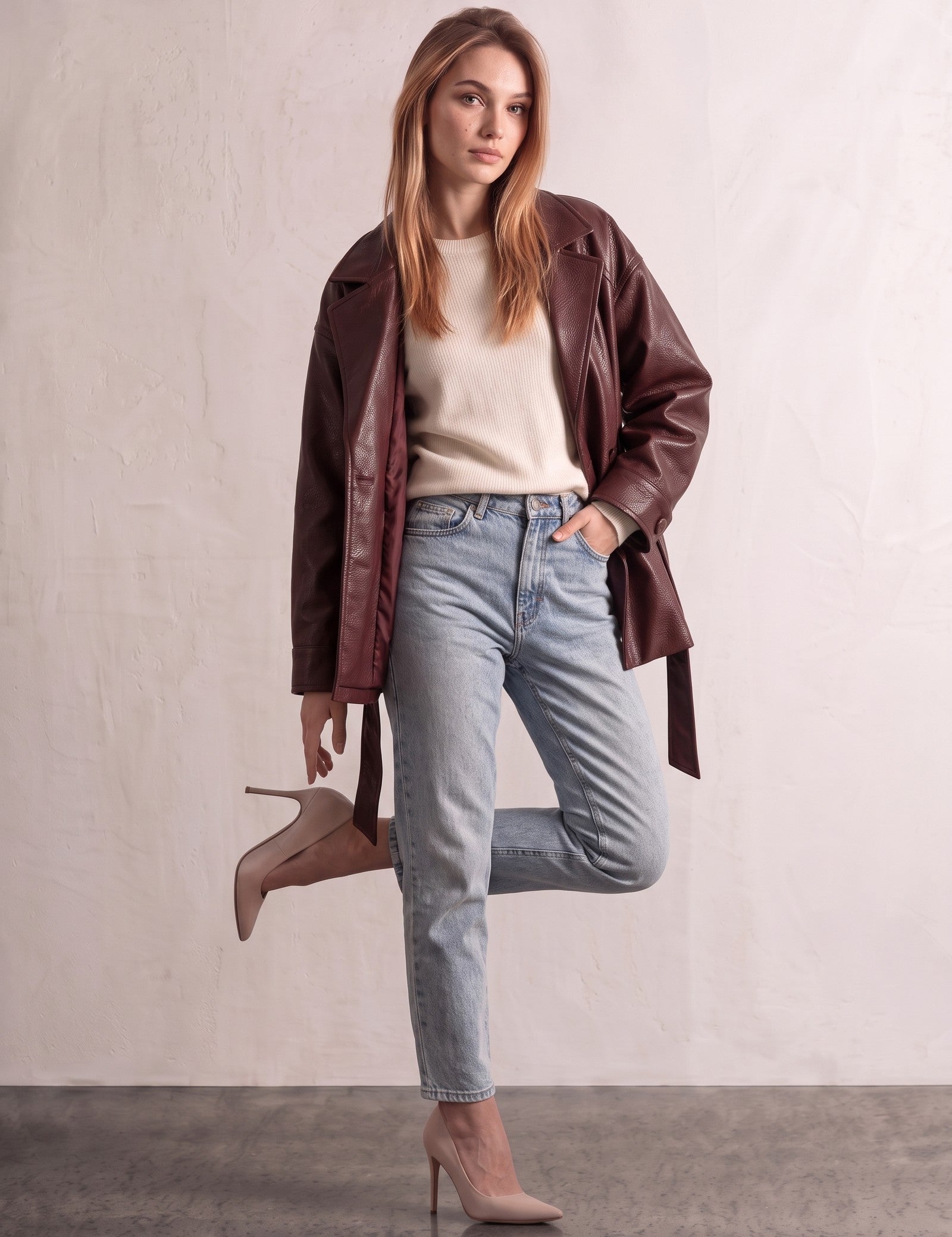Women's Burgundy Belted Leather-Look Jacket with Lapels, three-quarter view from the left, full length.