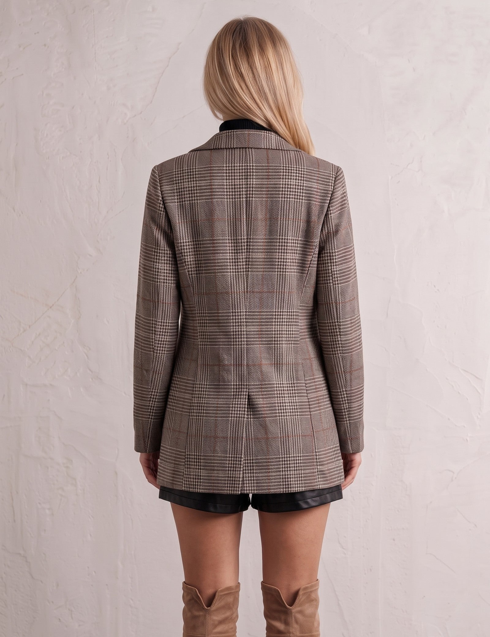 Women's Check Plaid Casual Blazer, back view, full length