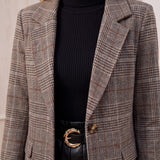 Women's Check Plaid Casual Blazer, close-up of the upper body