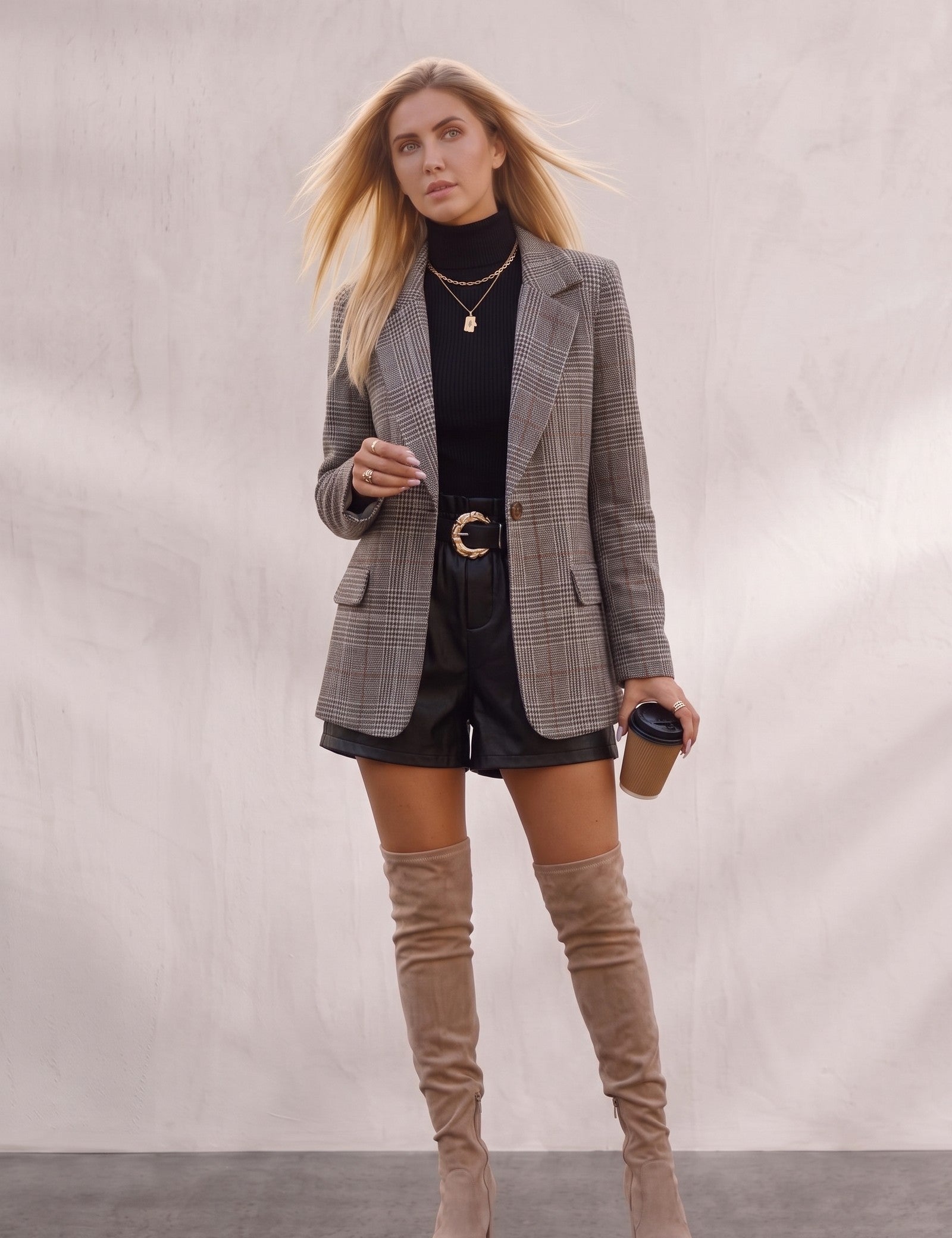 Women's Check Plaid Casual Blazer, front view, full length