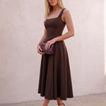 Women's Chocolate Brown Square Neck Scuba Midi Dress, three-quarter view from the right, full length