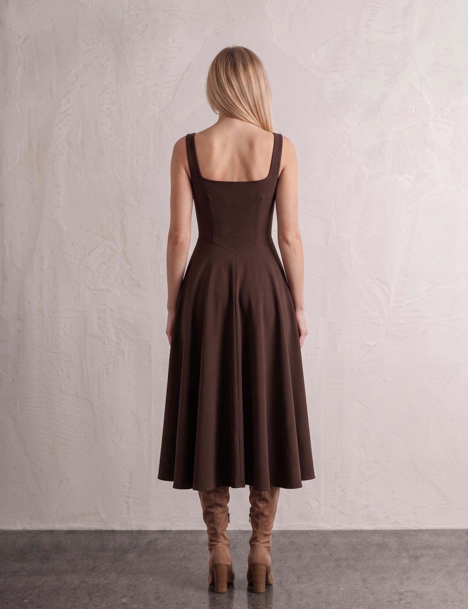 Women's Chocolate Brown Square Neck Scuba Midi Dress, back view, full length
