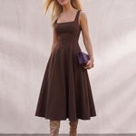 Women's Chocolate Brown Square Neck Scuba Midi Dress, front view, full length