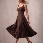 Women's Chocolate Brown Square Neck Scuba Midi Dress, side view, full length