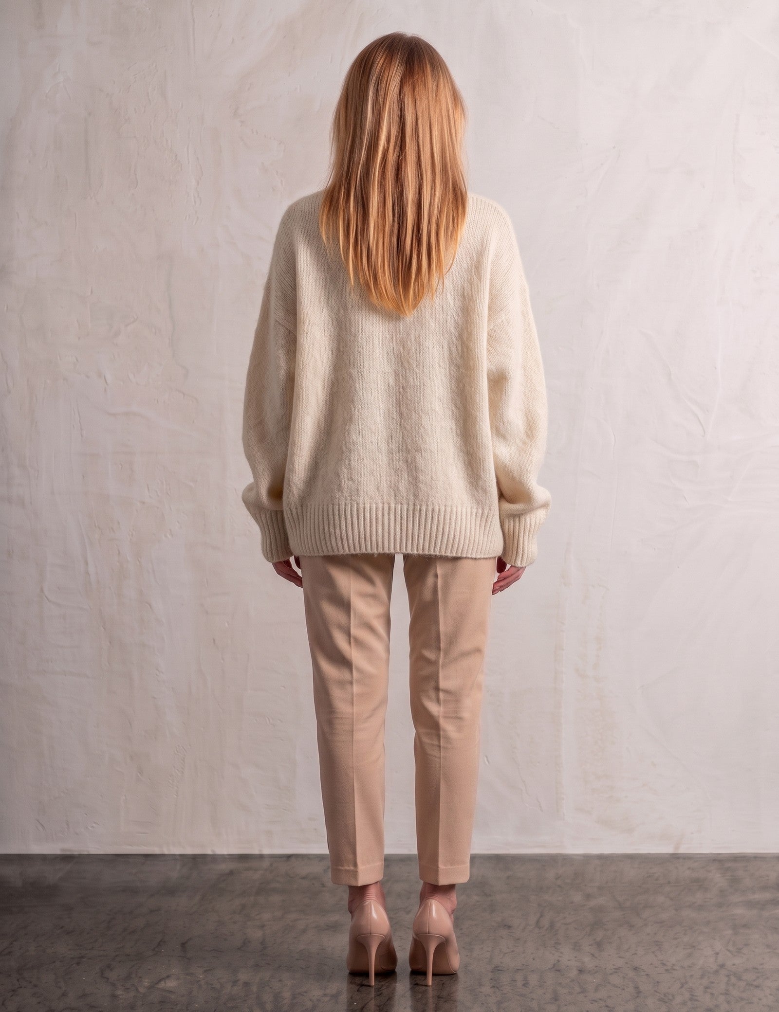 Women's Cream Relaxed Fit Roll Neck Jumper, back view, full length.