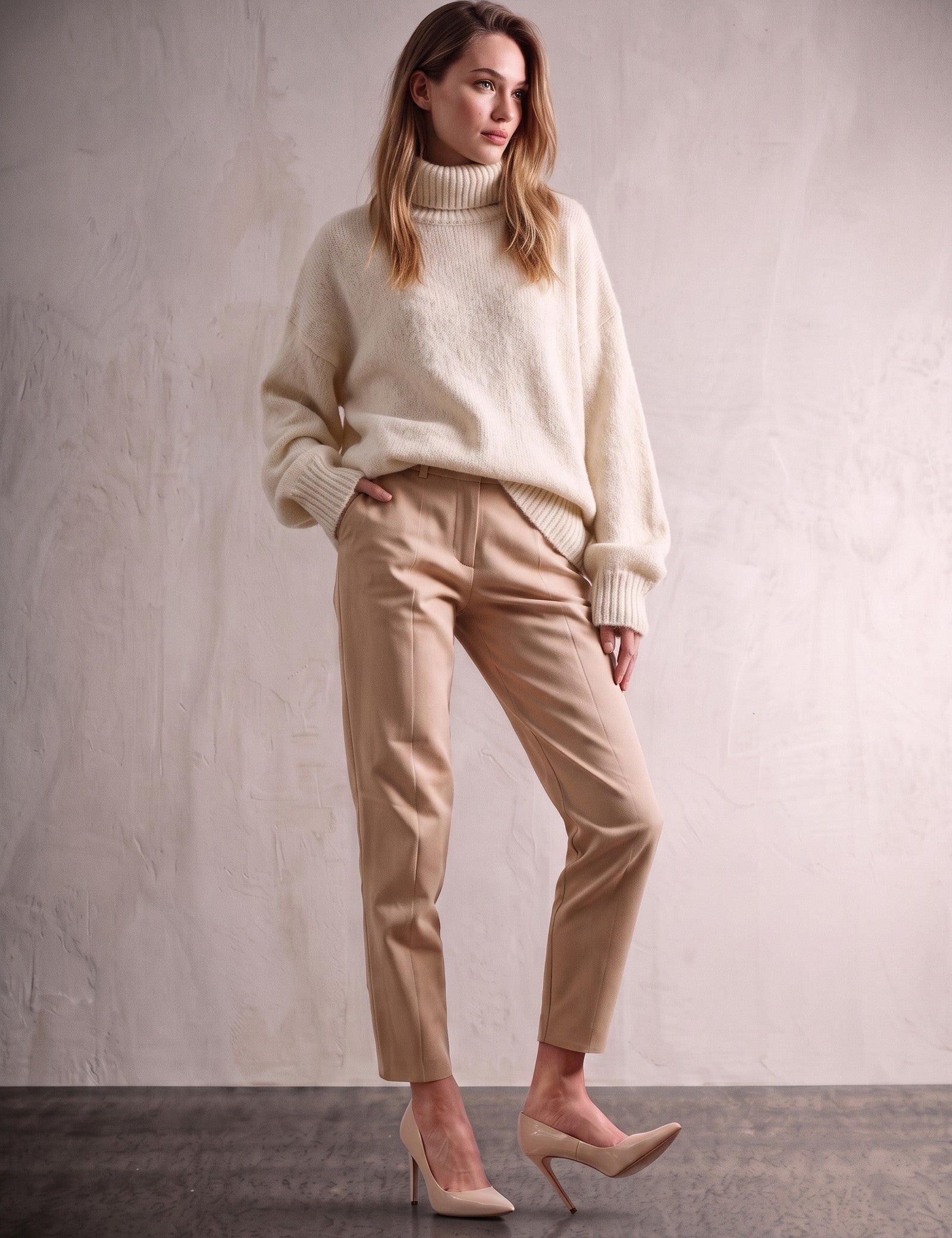 Women's Cream Relaxed Fit Roll Neck Jumper, front view, full length.