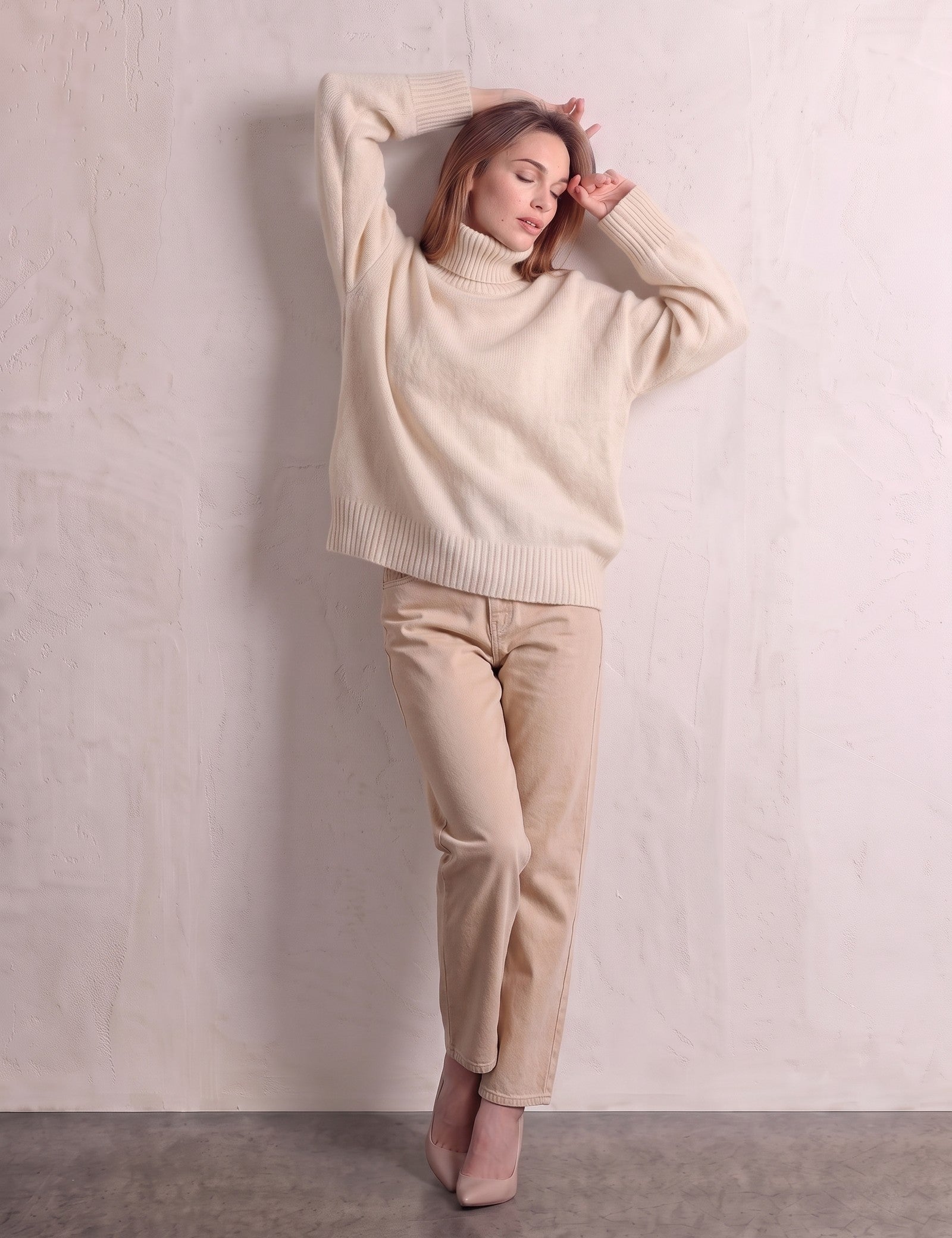 Women's Cream Relaxed Fit Roll Neck Jumper, front view, full length.