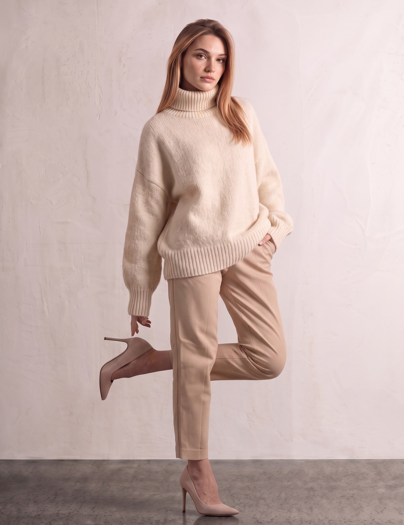 Women's Cream Relaxed Fit Roll Neck Jumper, three-quarter view from the left, full length.