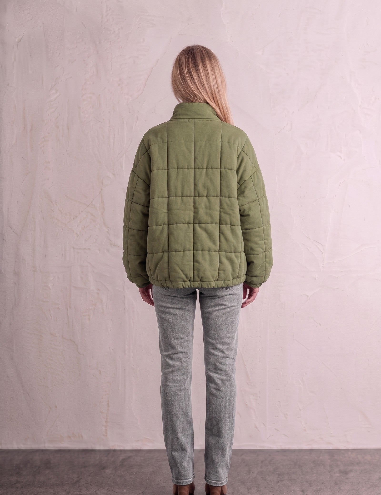 Women's Green Relaxed Fit Quilted Jacket with Pockets, back view, full length.