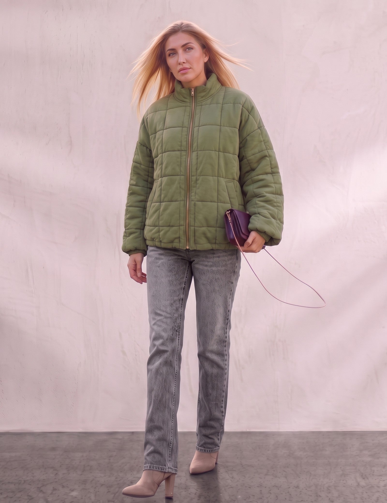 Women's Green Relaxed Fit Quilted Jacket with Pockets, front view, full length.
