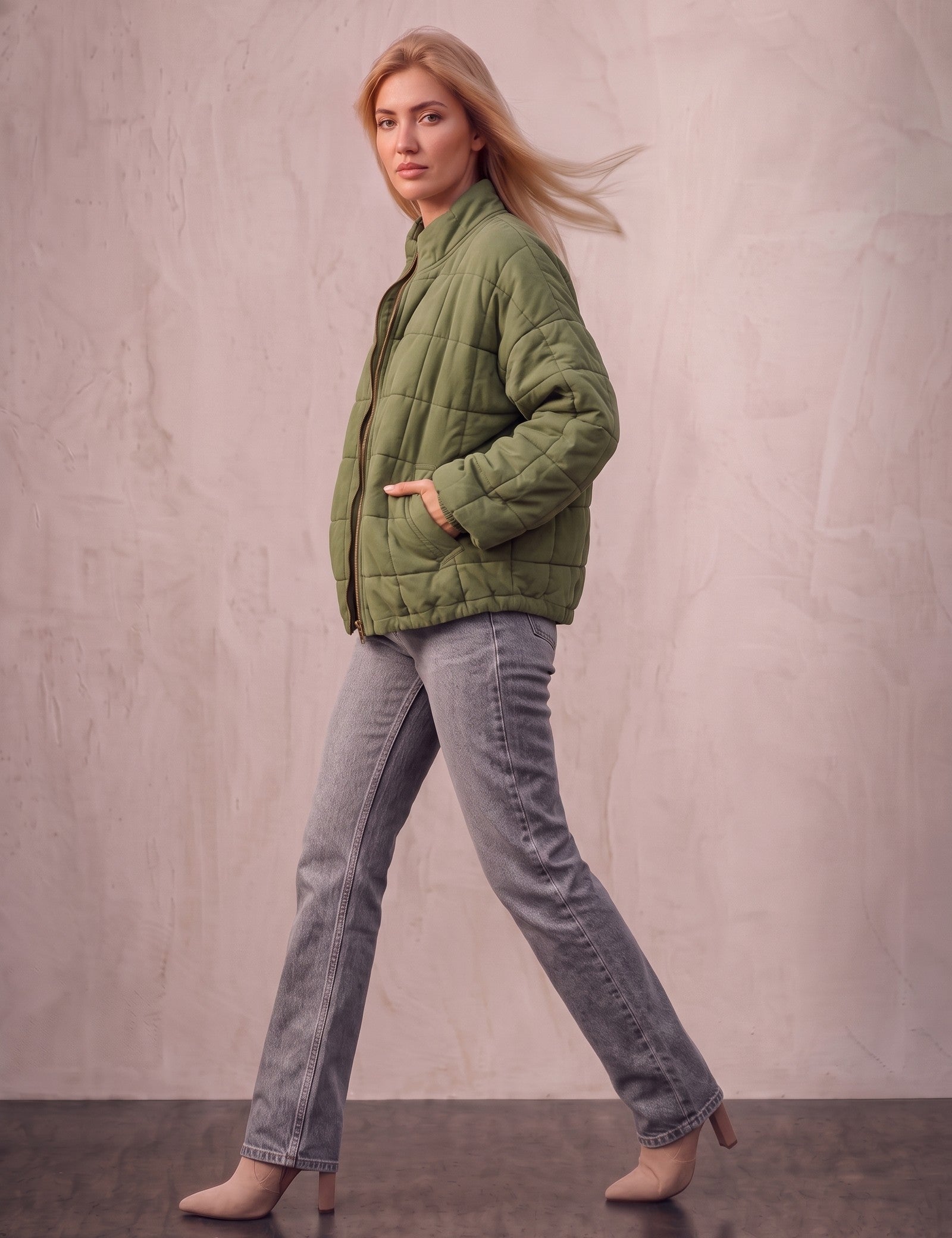 Women's Green Relaxed Fit Quilted Jacket with Pockets, side view, full length.
