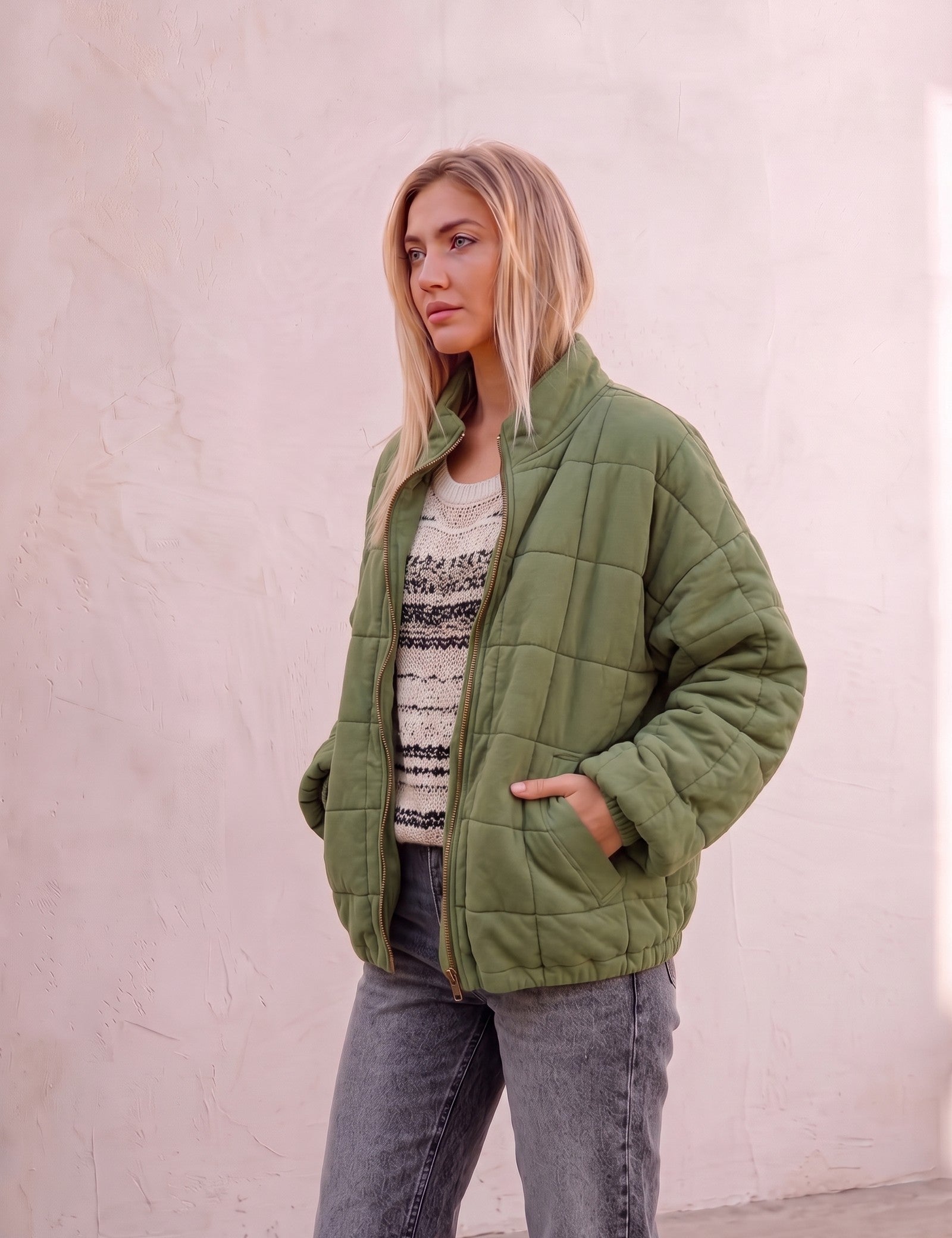 Women's Green Relaxed Fit Quilted Jacket with Pockets, three-quarter view from the right, full length.