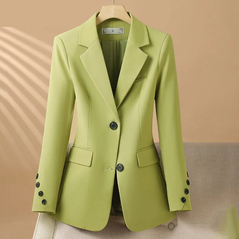 Women's Green Tailored Single-Breasted Blazer, front view.