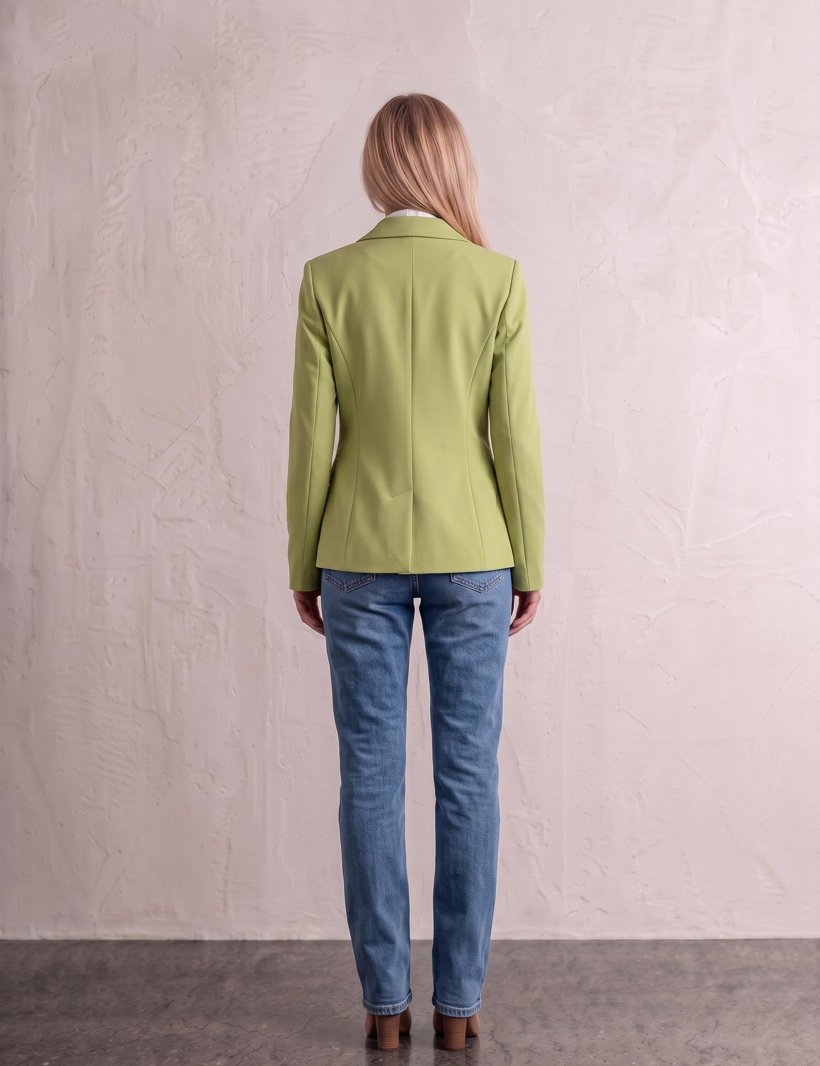 Women's Green Tailored Single-Breasted Blazer, back view, full length.