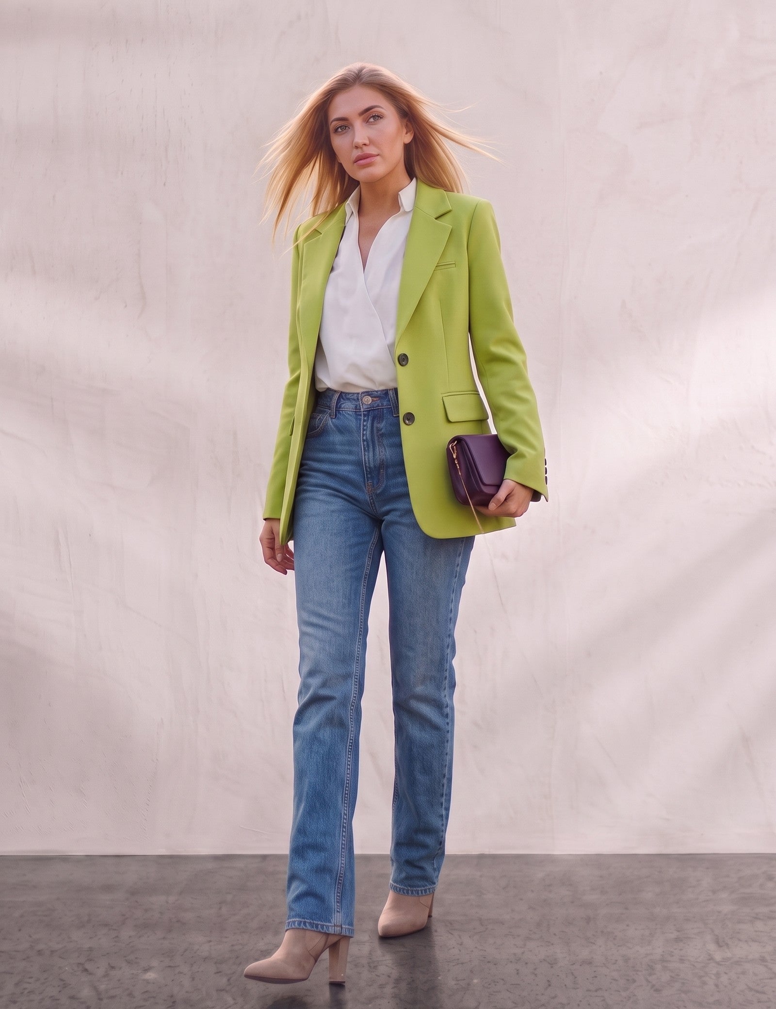Women's Green Tailored Single-Breasted Blazer, front view, full length.