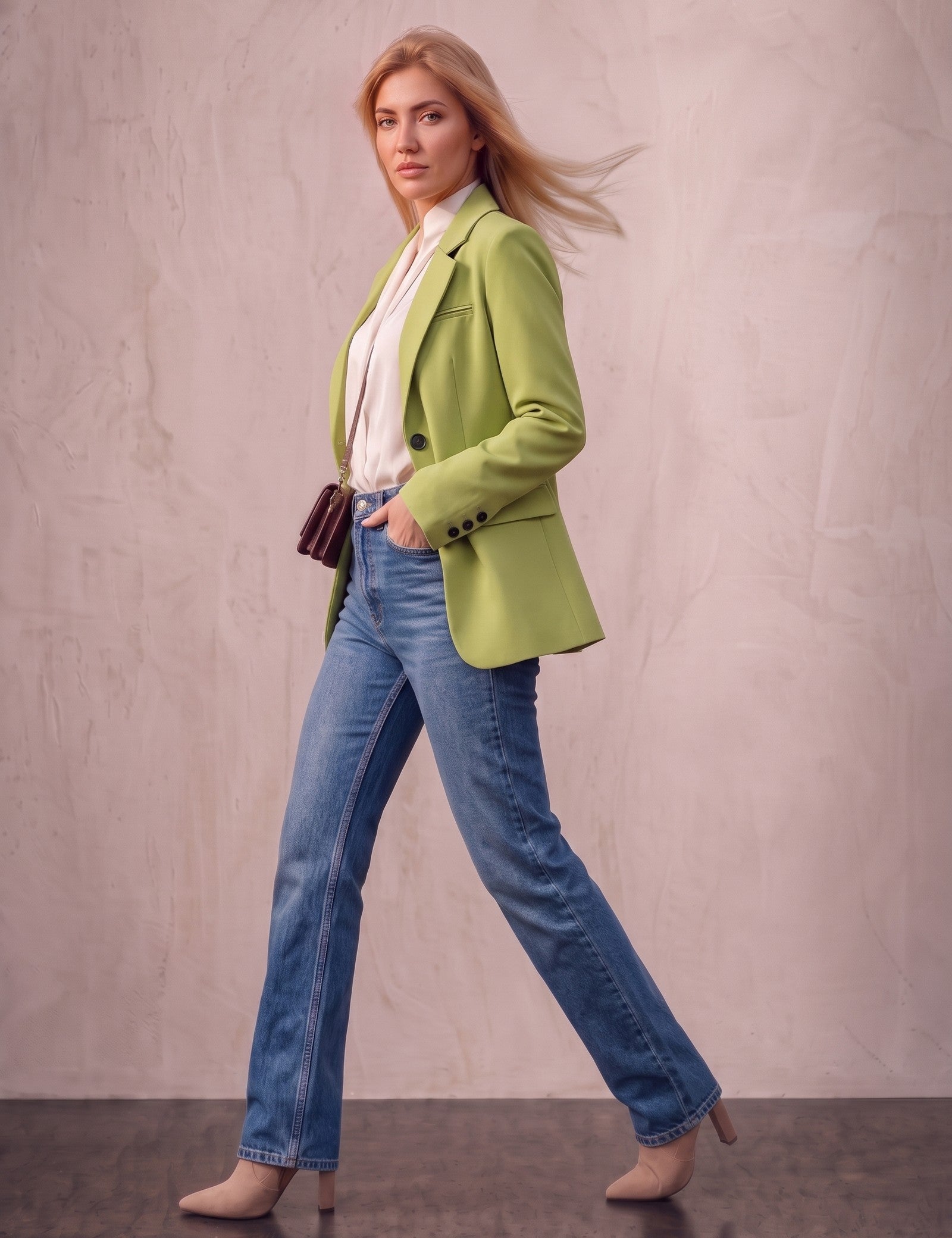 Women's Green Tailored Single-Breasted Blazer, side view, full length.