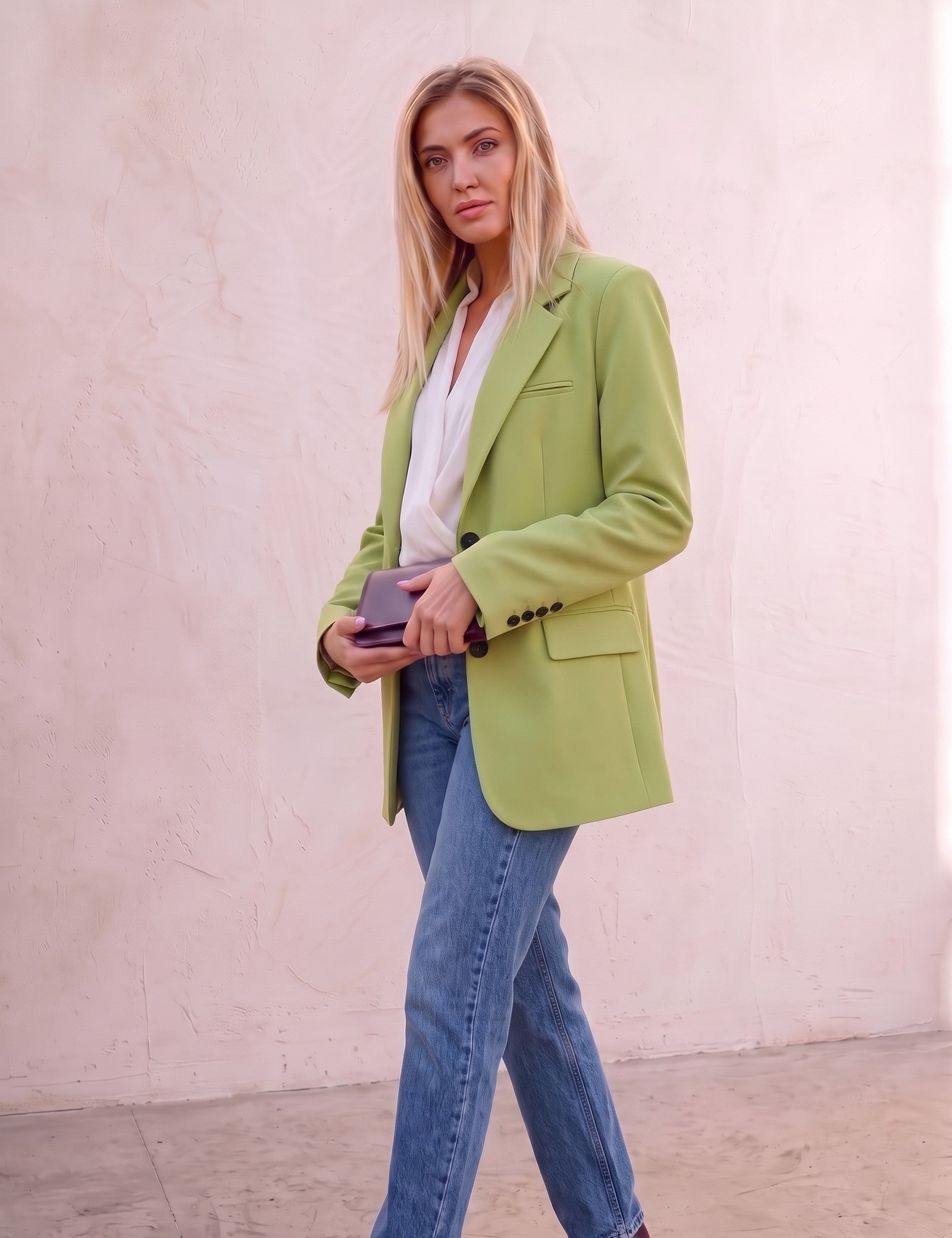 Women's Green Tailored Single-Breasted Blazer, three-quarter view from the right, full length.