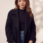 Women's Grey Double-Breasted Trench Coat with Epaulettes, three-quarter view from the left, full length.