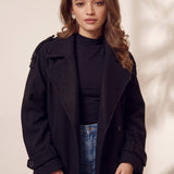 Women's Grey Double-Breasted Trench Coat with Epaulettes, three-quarter view from the left, full length.