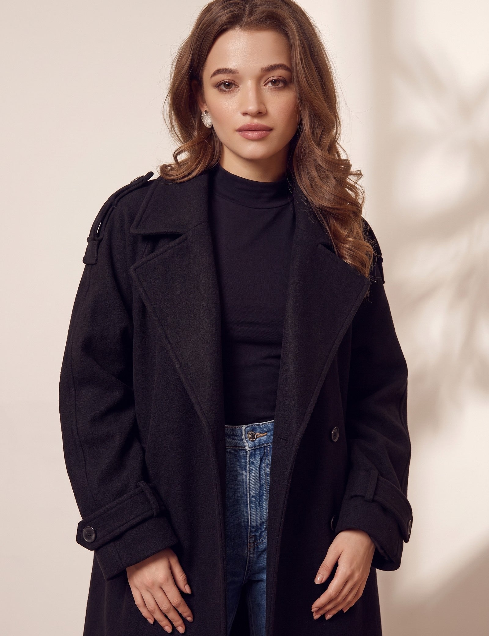 Women's Grey Double-Breasted Trench Coat with Epaulettes, three-quarter view from the left, full length.