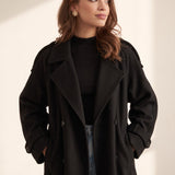 Women's Grey Double-Breasted Trench Coat with Epaulettes, three-quarter view from the right, full length.