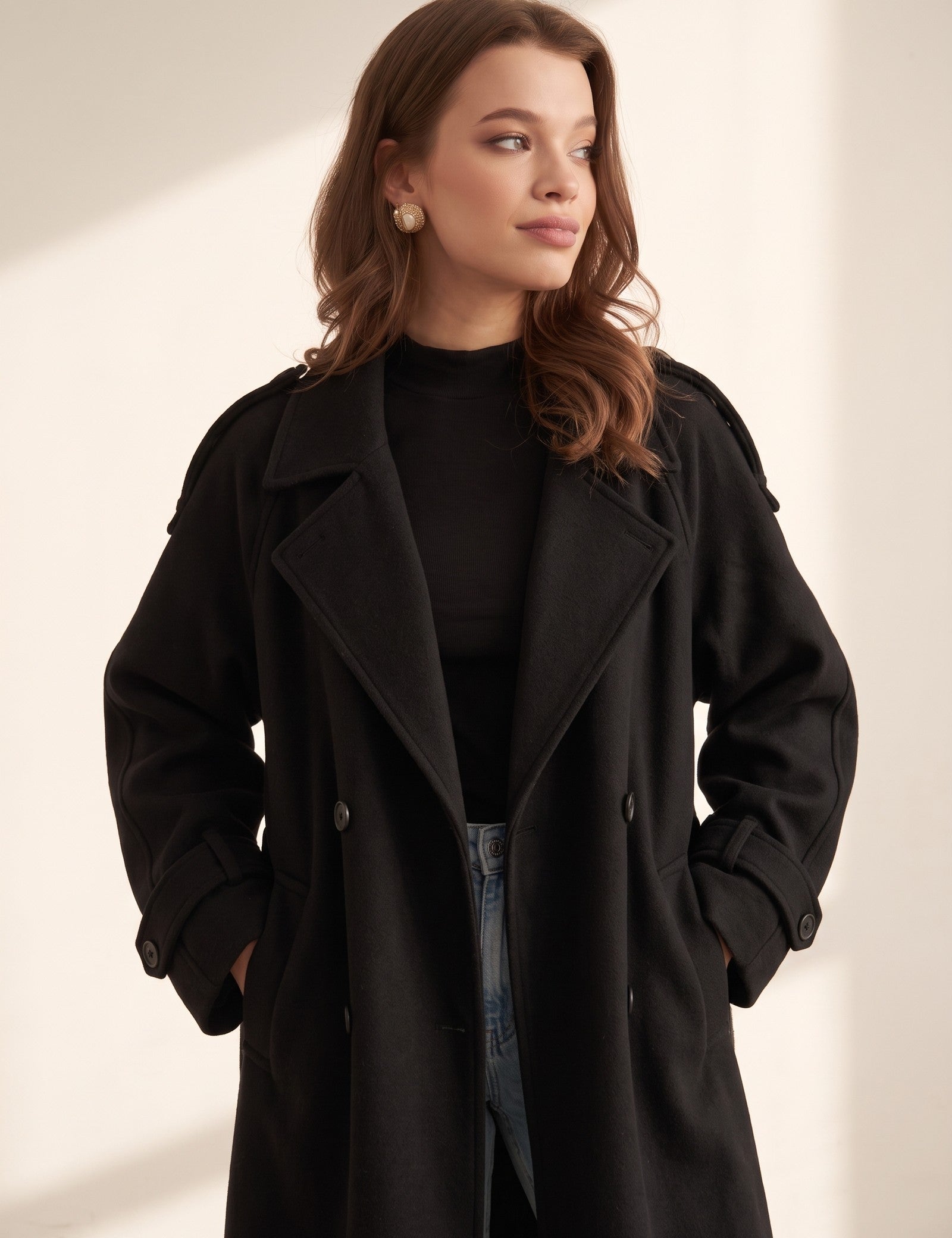 Women's Grey Double-Breasted Trench Coat with Epaulettes, three-quarter view from the right, full length.