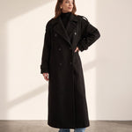Women's Grey Double-Breasted Trench Coat with Epaulettes, side view, full length.