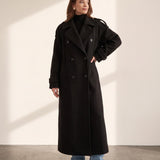 Women's Grey Double-Breasted Trench Coat with Epaulettes, side view, full length.