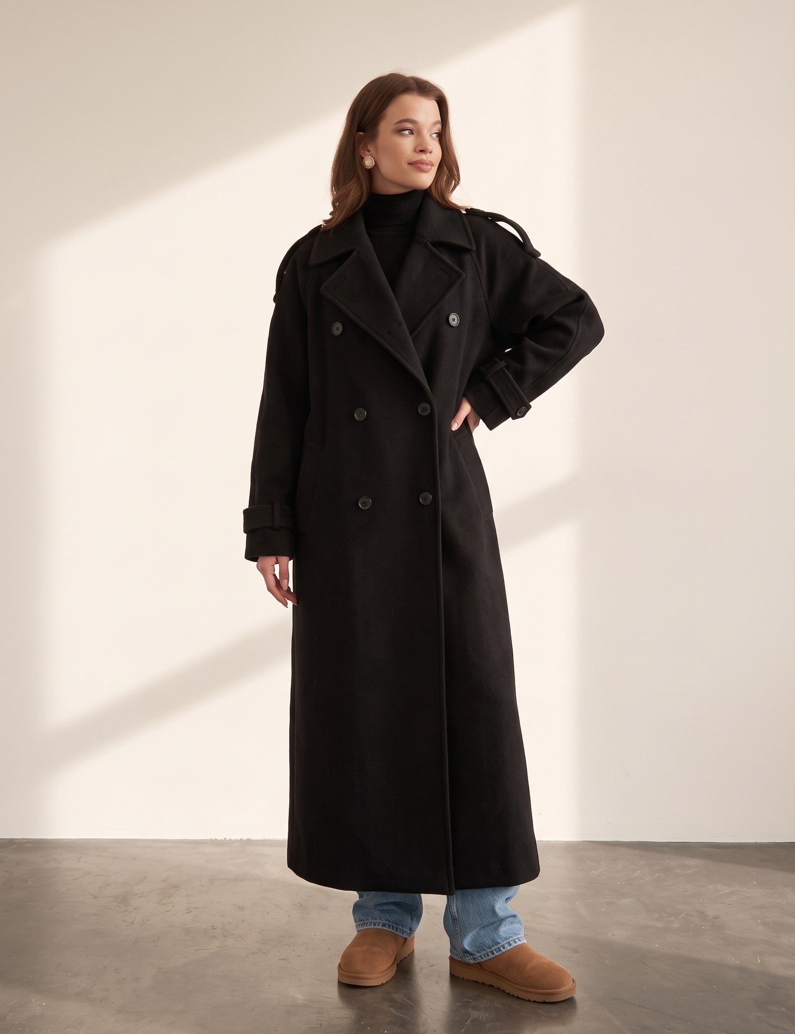 Women's Grey Double-Breasted Trench Coat with Epaulettes, side view, full length.
