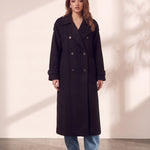 Women's Grey Double-Breasted Trench Coat with Epaulettes, front view, full length.