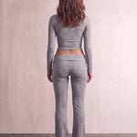 Women's Grey Long Sleeve Crop Top and Flared Trouser Set, back view, full length.