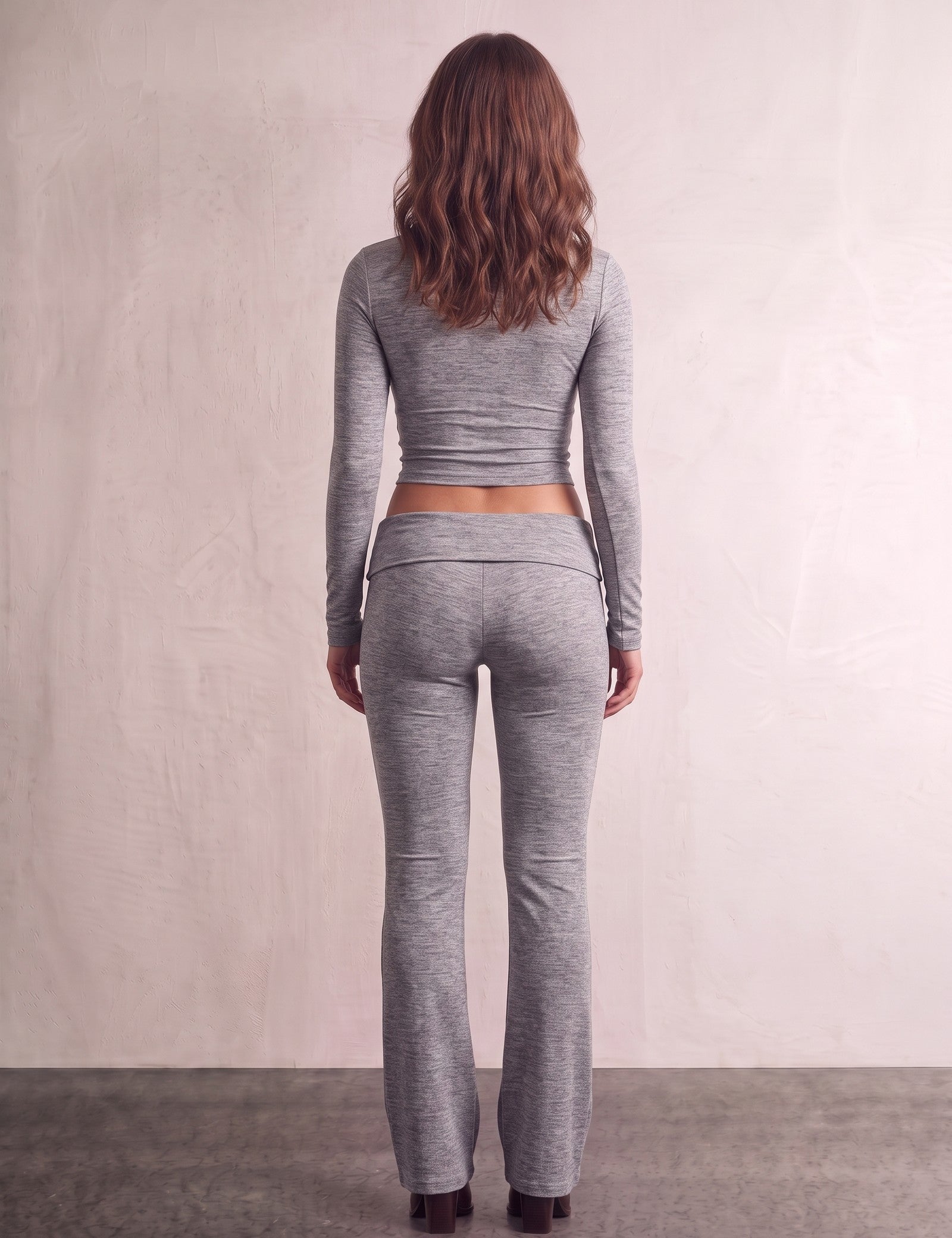 Women's Grey Long Sleeve Crop Top and Flared Trouser Set, back view, full length.