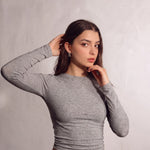 Women's Grey Long Sleeve Crop Top and Flared Trouser Set, close-up of the upper body.