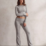 Women's Grey Long Sleeve Crop Top and Flared Trouser Set, front view, full length.