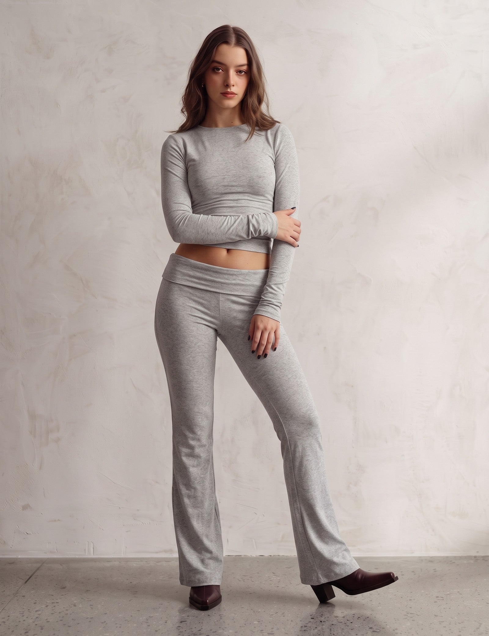 Women's Grey Long Sleeve Crop Top and Flared Trouser Set, front view, full length.