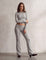 Women's Grey Long Sleeve Crop Top and Flared Trouser Set, front view, full length.