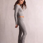 Women's Grey Long Sleeve Crop Top and Flared Trouser Set, side view, full length.