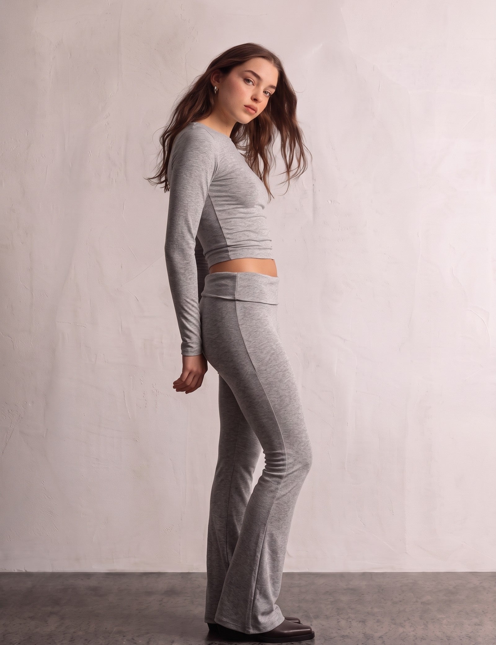 Women's Grey Long Sleeve Crop Top and Flared Trouser Set, side view, full length.