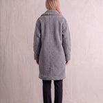 Women's Grey Longline Double-Breasted Teddy Coat, back view, full length.