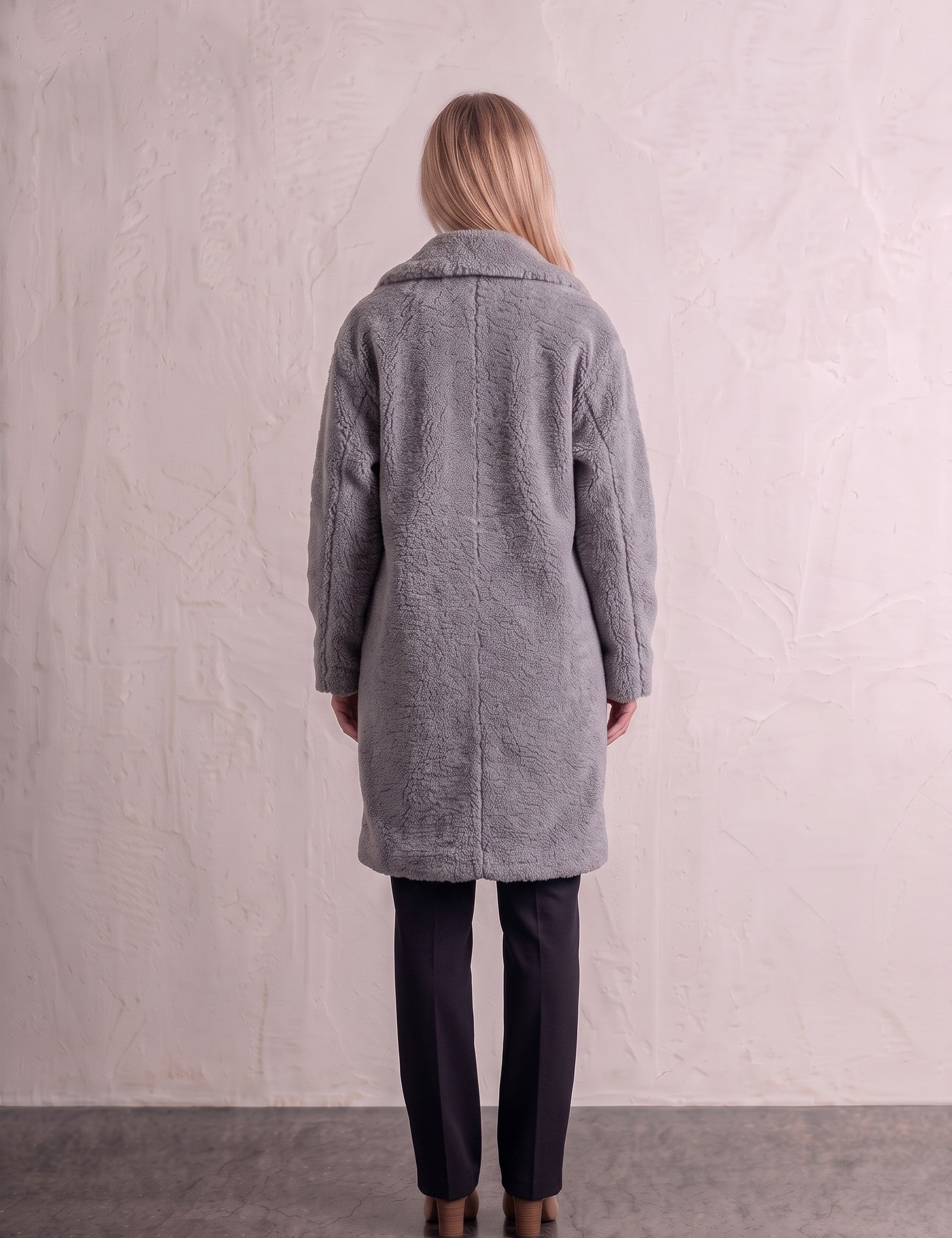 Women's Grey Longline Double-Breasted Teddy Coat, back view, full length.